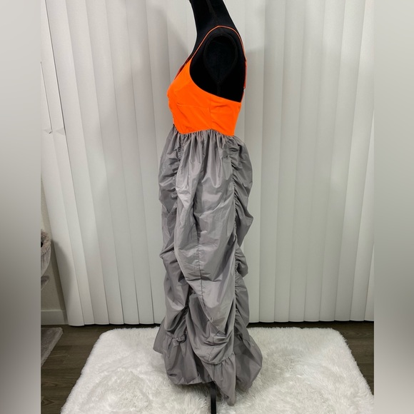LUSIFER x MO&CO Ruched Nylon Parachute Maxi Dress Gray Neon Orange Size Small - Picture 5 of 16